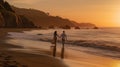 a couple walking hand in hand on a beach in sunset time generative AI Royalty Free Stock Photo