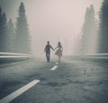 Couple walking hand on a forest road