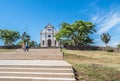 PedrogÃÂ£o Pequeno PORTUGAL - 10 June 2020 - Perspective of stairs with couple of tourists holding hands in front of the Church Royalty Free Stock Photo