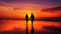 Couple walking hand in hand towards the sunset on horizon, back lit sin silhouette, generative ai