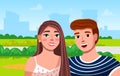 Couple walking outdoors in the city park portrait. Flat romantic vector smiling girl and boy Royalty Free Stock Photo