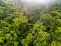 Couple walking over mystico hanging bridges at La Fortuna rainforest aerial drone view in Costa Rica jungle