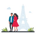 couple walking in Paris against the backdrop of the Eiffel Tower..People Group Travel. Happy couples traveling in Europe