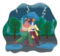 Couple walking in the rain with umbrella and wearing raincoats, thunder and lightning in the sky Royalty Free Stock Photo