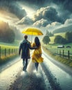 Couple Walking Strolling Raining River Pathway Spring Umbrella AI Generated