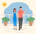 Couple walking on the sun white terrace with potted plants. Smiling young guy and girl on holidays