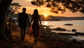 A couple walking at sunset, embracing love and enjoying nature generated by AI Royalty Free Stock Photo