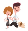 Couple walking their pet dog illustration cartoon character