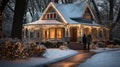 Couple by a Front Porch of A Beautifully Decorated Christmas Themed House on A Winter Evening