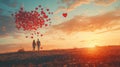 Couple Walking Towards Heart Shaped Balloons Sunset Royalty Free Stock Photo