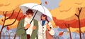 Couple walking under umbrella in rain. Happy man and woman strolling, talking in autumn city park in rainy weather Royalty Free Stock Photo