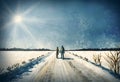 A couple walking in the white snow in winter. Realistic watercolor illustration.