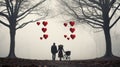 A couple walking in the woods with hearts floating in the air. Generative AI image. Royalty Free Stock Photo