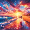 A couple walks along the water edge of a beach, with waves gently caressing tje shore, at sunset, vibrant hues in sky, anime art