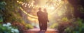 Couple walks embracing down romantic path, string lights create dreamy canopy. Love and togetherness resonate in golden