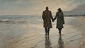 A couple walks hand in hand along the water's edge, leaving footprints in the wet sand. AI image Royalty Free Stock Photo