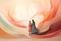Couple walks hand in hand into an ethereal abstract swirl of warm colors