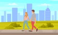 Couple walks by handle on road in park on background of high-rise buildings and skyscrapers