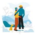 Couple walks winter park. Snowy cold weather, family walking with dog, people in love stands and hugs, frosty landscape