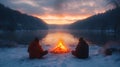 Couple warming by winter river fire at sunset Royalty Free Stock Photo
