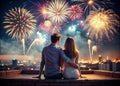a couple watching fireworks on rooftop celebration Royalty Free Stock Photo