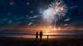 Couple watching fireworks show on the beach. New Year\'s fun and festiv Royalty Free Stock Photo