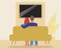 Couple watching a movie as a hobby, Flat vector stock illustration with TV, Couple on the couch, back view Royalty Free Stock Photo