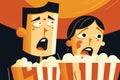 A couple watching a movie in cinema. Man and woman with surprised expressions on their faces. Eating popcorn at the movie theater Royalty Free Stock Photo