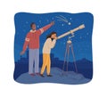 Couple watching shooting stars through telescope