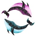 Couple of watercolor aquarelle hand drawn pink and blue whales above each other. Symbol