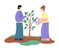 Couple watering growing tree, cartoon vector illustration isolated on white. Royalty Free Stock Photo