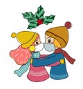 Couple wear face mask in Christmas hugging hand drawn cartoon vector