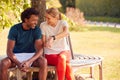 Couple Wearing Fitness Clothing Sitting On Seat Under Tree Checking Activity Monitor On Smartwatch