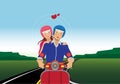 Couple wearing helmets riding a motorcycle in summer vector illustration Royalty Free Stock Photo