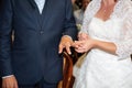 Couple wearing wedding ring at wedding day with closeup bride groom hands Royalty Free Stock Photo