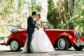 Couple on the wedding and a car on the background Royalty Free Stock Photo