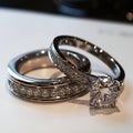 a couple of wedding rings sitting on a table next to each other Royalty Free Stock Photo