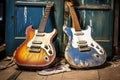 couple of well-aged guitars leaning together