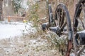 Chained wheels of old wooden field carts Royalty Free Stock Photo