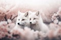 a couple of white foxes standing next to each other on a field of flowers