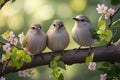 Couple of white-headed finch sitting on a branch with pink flowers