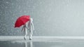 A couple of white stick figure is taking a walk while rain with a red umbrella