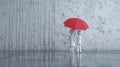 A couple of white stick figure is taking a walk while rain with a red umbrella