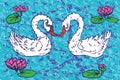 Couple of white swan in the lake with pink lotuses, hand drawn doodle, sketch in naÃÂ¯ve, pop art style