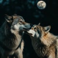 A couple of wolf standing next to each other. Generative AI image. Royalty Free Stock Photo