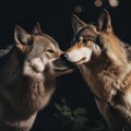 A couple of wolfs standing next to each other. Generative AI image. Royalty Free Stock Photo
