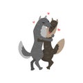 Couple of wolves cute in love embracing each other, two happy aniimals hugging with hearts over their head vecto