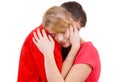 Couple. Woman is sad and being consoled by his partner Royalty Free Stock Photo