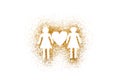 Couple of women connected with heart shape on golden glitter over white background
