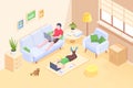 Couple working home online freelance, isometric Royalty Free Stock Photo